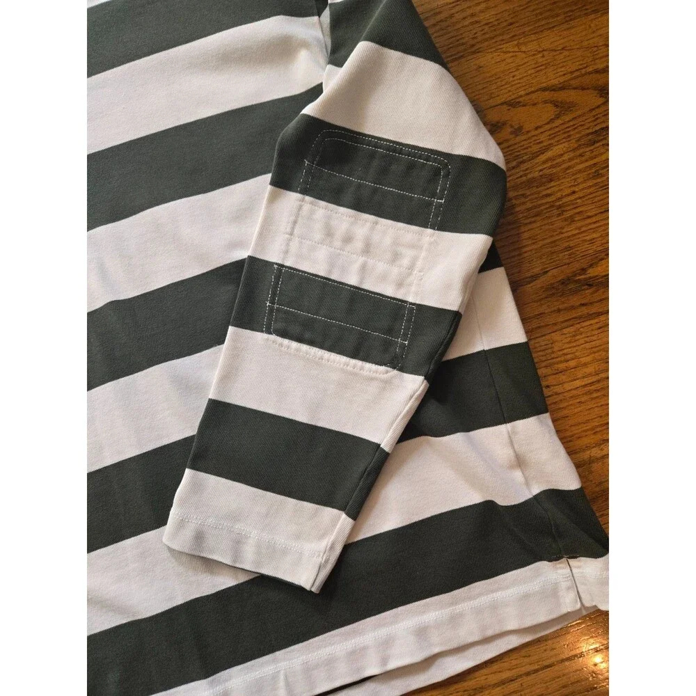 J Crew Rugby Shirt Mens XL Green Wide Striped Elbow Pads Preppy